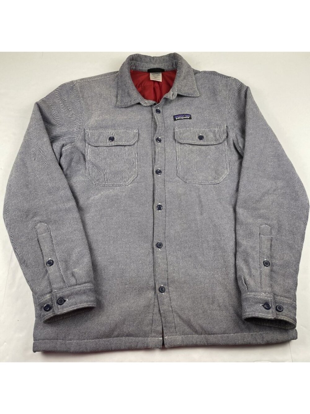 Patagonia Insulated Fjord Flannel Shirt Jacket Men’s M Gray Stripe Quilted 27640